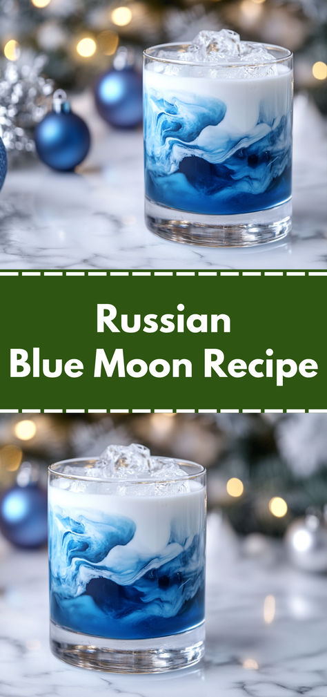 Russian Blue Moon Recipe Blue Drinks Alcohol, Blue Cocktail Drinks, Christmas Vodka Cocktails, Blue Alcoholic Drinks, Galaxy Cocktail, Christmas Cocktails Vodka, Christmas Vodka, Cosmopolitan Drink, Peppermint Martini