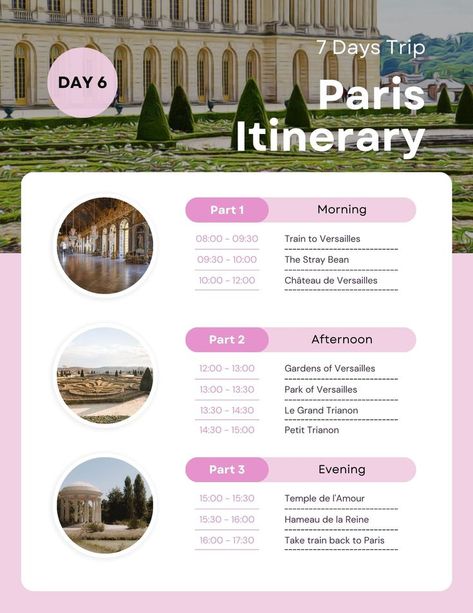 Planning a trip to Paris? No matter how long of a trip you're planning, take a look at this 7 day itinerary of Paris. These spots are perfect for any time of the year and offer the most out of your trip. Read up on these wonderful activities for your perfect trip to Paris! 7 Day Itinerary, Versailles Garden, Paris Itinerary, Trip To Paris, Planning A Trip, The Eiffel Tower, Day 6, No Matter How, Versailles