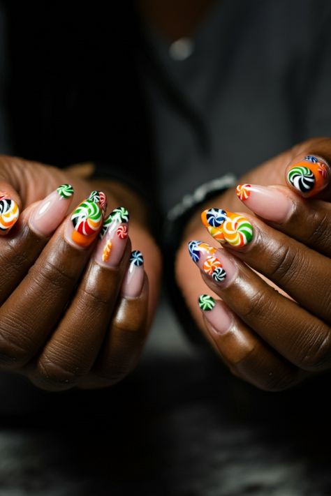 A list of list of halloween nail art including a candy themed nail design.  #nailart #candynails v#halloweennails Candy Themed Nails, Cookie Nails, Themed Nail Art, Halloween Nail Art Ideas, Art Design Ideas, Nail Stuff, Halloween Nail, Halloween Nail Art, Nail Art Ideas