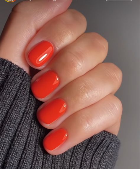 Short Red Orange Nails, Red Orange Nail Color, Opi Orange Red Nail Polish, Orangish Red Nails, Short Gel Nails Orange, Tomato Red Nails, Bright Red Orange Nails, Solid Gel Nail Color Ideas, Orange Gel Nails Short