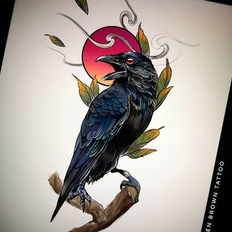 Colorful Crow Tattoo, Traditional Crow Tattoo Design, Raven Neotraditional Tattoo, Raven Tattoo American Traditional, Raven Neotraditional, Neo Traditional Raven Tattoo, Neo Traditional Raven, Neo Traditional Crow, Nature Sleeves