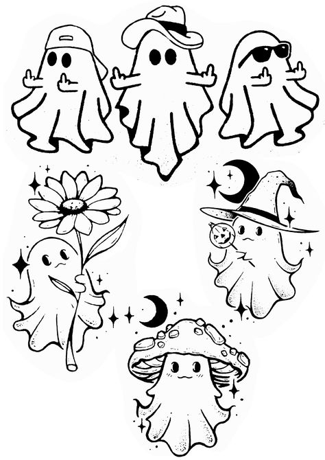 2 Ghosts Drawing, Ghost Sheet Tattoo, Art Sketchbook Halloween, Ghost Flipping Off Tattoo, Flash Tattoo Designs Ideas, Halloween Tiny Tattoo, Flash Sheets Tattoo, Flash Halloween Tattoo, Tattoo Practice Drawings