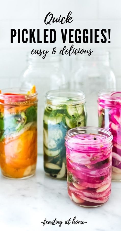 Quick Pickled Vegetables - An easy way to extend summer's bounty! Make these refrigerator pickles with beets, cucumber, turnips, radishes, carrots, kohlrabi, onions, cauliflower, peppers, or green beans! | www.feastingathome.com #pickledveggies #pickledvegetables #refigeratorpickles #quickpickles Quick Pickled Veggies, Quick Pickled Vegetables, Pickled Turnips, Feasting At Home, Quick Pickled, Turnips, Pickled Veggies, Pickled Vegetables, Pickling Cucumbers