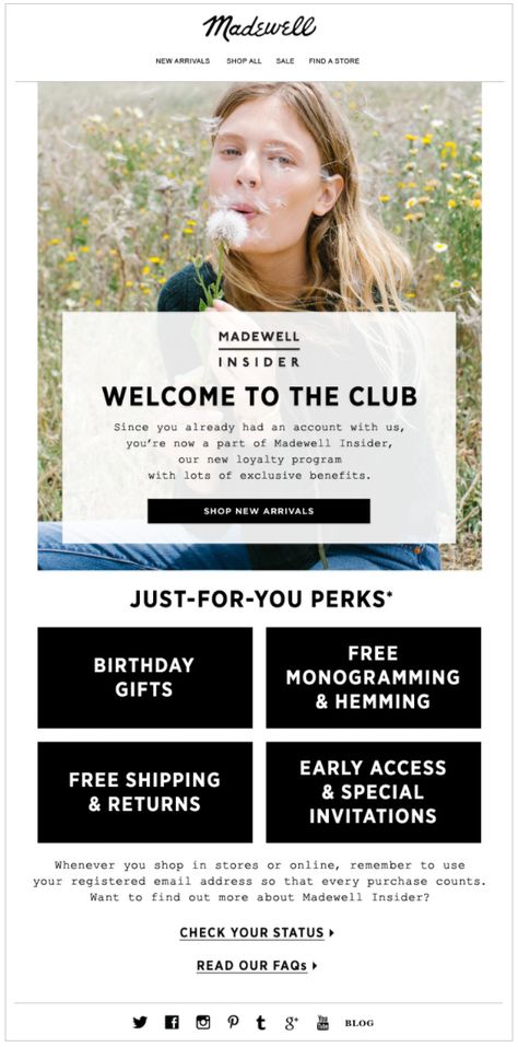 Madewell Membership email. Welcome to the club (!) Loyalty Program Design, Loyalty Marketing, Health Marketing, Email Layout, Email Marketing Inspiration, Mailer Design, Email Marketing Design Inspiration, Email Blast, Welcome Design