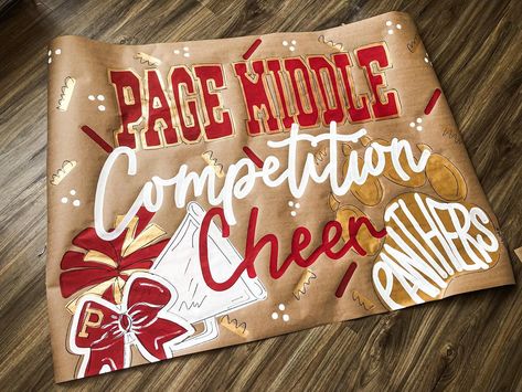 The cutest banner for a cheer team 🫶🏼✨🎀 #cheer #banner #banners #handpainted #eventbanner Cheer Banner Ideas, Cheer Banners, Kraft Paper Banner, Parade Banner, Painted Banners, Basketball Banners, Painted Banner, Cheer Season, Football Banner