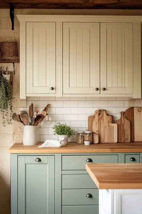 51 Pastel Kitchen Ideas You’ll Fall in Love With 💕 Sage Green Kitchen Walls Cream Cabinets, Pastel Kitchen Cabinets, Coloured Kitchen Cabinets, Pastel Kitchen Ideas, Lilac Kitchen, Pink Kitchen Cabinets, Kitchen Color Scheme, Updated Farmhouse, Goth Kitchen