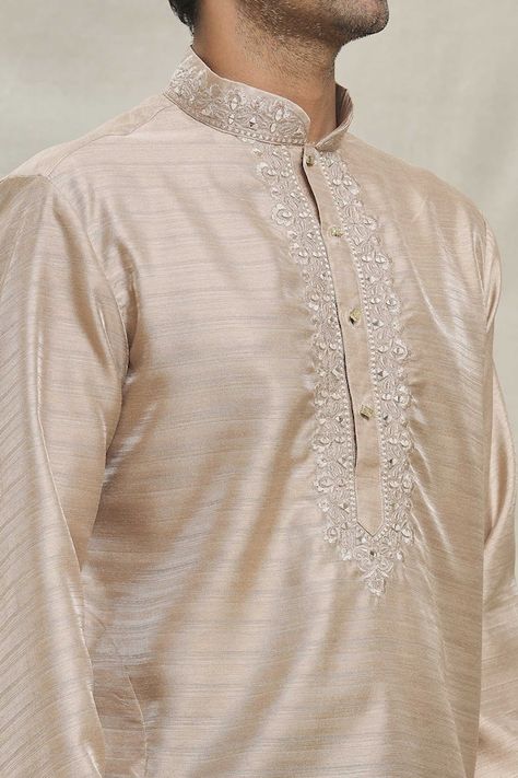 Cream kurta with thread floral pattern embroidered placket, embellished by sequins. Comes with dhoti pant. - Aza Fashions Cream Kurta Men, Dhoti Pants For Men, Kurta With Dhoti, Latest Kurta Designs, Kurta Men, Dhoti Pants, Kurta Designs, Mandarin Collar, Aza Fashion