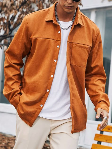 Rust Brown Casual Collar Long Sleeve Fabric Plain  Embellished Slight Stretch  Men Plus Size Clothing Orange Shirt Outfit Men Casual, Orange Outfit Men, Outfits Cool Weather, Orange Shirt Outfit, Sunday Best Outfit, Corduroy Shacket, Jeans Outfit Men, Shirt Outfit Men, Nude Outfits