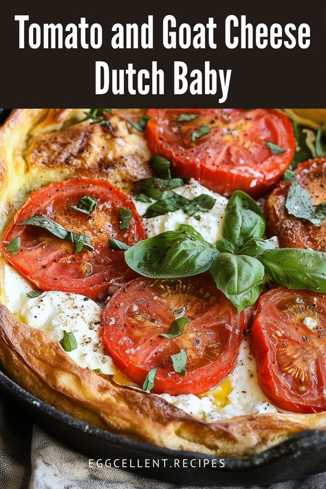 The fluffy, oven-baked pancake is complemented by tangy goat cheese and juicy cherry tomatoes, creating a harmonious blend of flavors. #Savory Dutch Baby recipe #Savory Dutch Baby pancake #savory dutch baby recipe dinners #savory dutch baby vegetarian #savory dutch baby recipe vegetarian #savory dutch baby goat cheese #savory dutch baby pancake recipe #savory dutch baby prosciutto #savory dutch baby pancake recipe #dutch baby recipes savory Savory Dutch Baby Pancake, Savory Dutch Baby Recipe, Breakfast Ideas Healthy Eggs, Dutch Baby Pancake Savory, Brunch Menu Ideas Easy, Dutch Oven Breakfast, Healthy Easy Breakfast Ideas, Breakfast Ideas Healthy Easy, Tomato And Goat Cheese