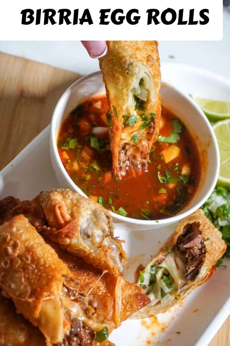 Birria Egg Rolls are crispy fried eggrolls stuffed with beef birria and melty cheese. Serve with birria consome sauce for dipping. Consome Sauce, Rolled Dumplings Recipe, Taco Egg Rolls, Taco Appetizers, Beef Birria, Cheesy Casserole, Egg Roll Recipes, Melty Cheese, Razzle Dazzle