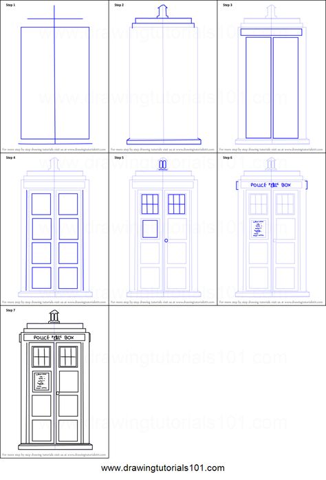 How to Draw Tardis from Doctor Who printable step by step drawing sheet : DrawingTutorials101.com Dr Who Police Box Drawing, Dr Who Doodles, Tardis Drawing, Tardis Wallpaper, Doctor Who Drawings, Doctor Who Printable, Tardis Console, Doctor Who Clara, Doctor Who Poster