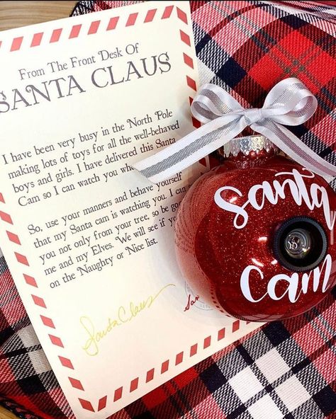 LARGE SANTA SPY CAM ORNAMENT - 4 INCHES •DESCRIPTION• -Glitter filled and glued -Real lens is secured to the ornament and glued for extra protection. (Lens does not work and its only to give it a real camera look) See images -Bow(pattern may vary) and string for hanging. If you have a color Santa Camera Ornament, Santa Cam Ornament, Elf Cam, Santa Cam, Spy Cam, Letter From Santa, Custom Ornaments, Santa Ornaments, Santa Letter