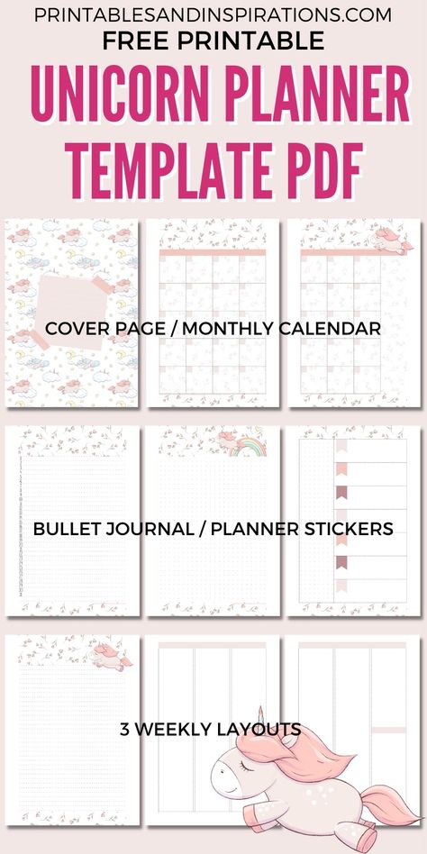 Free Printable Unicorn Planner + Stickers - Printables and Inspirations Printable Meal Planner Monthly, February Planner, Free Printable Monthly Planner, Unicorn Planner, Happy Planner Printables, Monthly Printable, Study Planner Printable, Monthly Planner Template, Unicorn Printables