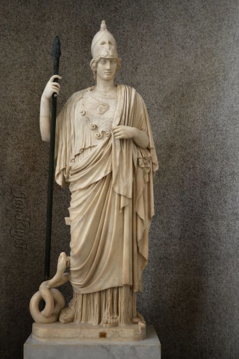 Athena GiustinianiRome, Musei Vaticani, September 2018 The Athena Giustiniani or Minerva Giustiniani is a Roman copy from the Antonine period of a Greek original from the 4th century BCE. It was discovered in the early 17th century and became much admired. It was part of Giustiniani collection until 1805 and was then bought by Lucien Bonaparte, who sold it to the Pope in 1817. Athena Goddess Sculpture, Minerva Statue, God Athena, Athena Sculpture, Athena Statue, Ancient Atlantis, Pallas Athena, Corinthian Helmet, Goddess Sculpture