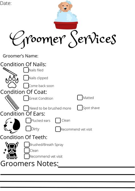 Excited to share the latest addition to my #etsy shop: Grooming Report Card #dogs #groomingchecklist #groomingservices #printable #download #editable #email #cute Dog Grooming Checklist, Dog Grooming Report Card, Grooming Report Card, Dog Boutique Ideas, Pet Grooming Shop, Mobile Pet Grooming, Grooming Salons, Pet Grooming Salon, Dog Grooming Styles