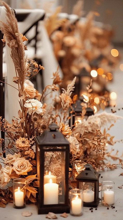 40+ Fall Wedding Ideas That Will Inspire You (Cake, Aisle, Table, Ceremony Decor, And More!) Wedding Table Lots Of Candles, Wedding Pulpit Decoration, Boho Fall Wedding Tablescapes, Rustic Wedding Fall Decor, Autumn Theme Wedding Decorations, Ceremony Aisle Decor Outdoor Fall, Fall Wedding Reception Flowers, Wedding Aesthetic Ideas Fall, Boho Table Ideas