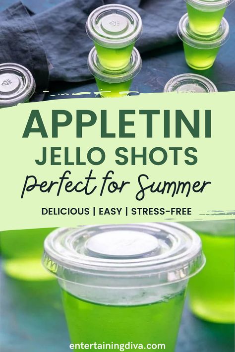 Green Apple Jello Shots, Apple Jello Shots, Holiday Jello, Green Apple Vodka, Jello Shooters, Best Jello Shots, Jello Shots Vodka, Jello Shots Recipe, Jello Shot Cups