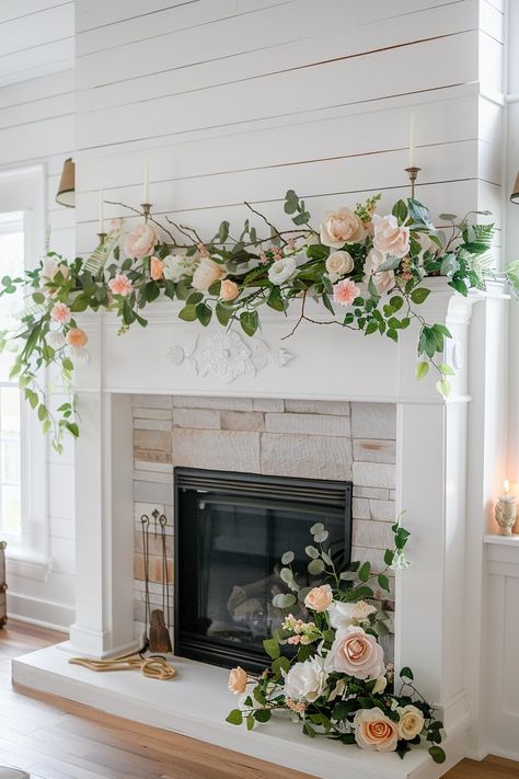 Best Spring Fireplace Mantle Decor Ideas (35 Photo Examples) Fireplace Mantle Decor Greenery, Wedding Flowers On Fireplace Mantle, Spring Mantle Decor With Tv, Greenery On Mantle, Fireplace Greenery, Spring Mantle Decorating Ideas, Summer Fireplace Decor, Spring Fireplace Mantle Decor, Mantel Floral Arrangements