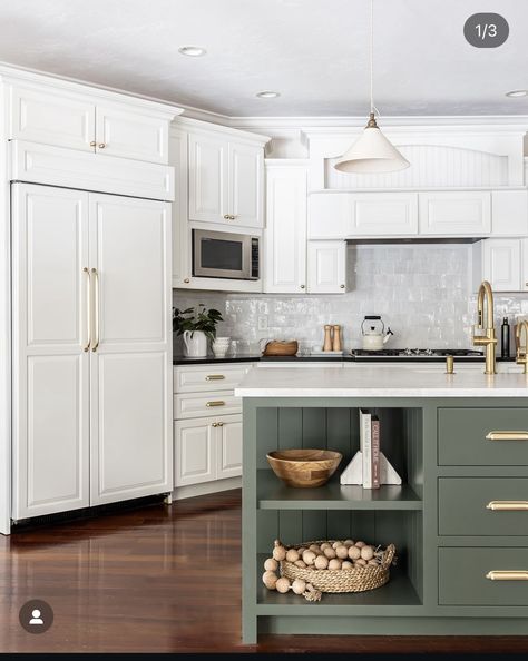 Kitchen Island Built In, Different Color Island In Kitchen, Green Island White Cabinets, White Cabinet With Butcher Block Counter, Kitchen Green Island, Leathered Quartzite Countertops, Green Island Kitchen, White And Green Kitchen, Zellige Backsplash