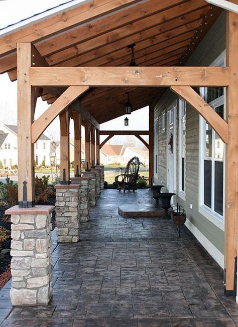 Timber Frame Porch, Front Porch Garden, Outdoor Covered Patio, Building A Porch, Kursi Bar, Stone Pillars, Porch Garden, Casa Exterior, House With Porch