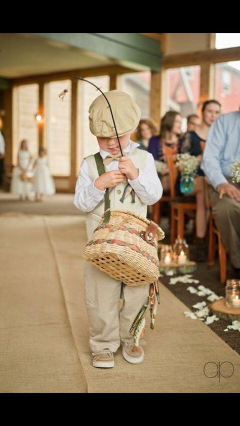 Ring bearer with fishing rod ! YES No Ring Bearer Ideas, Country Fishing Wedding Ideas, Fishing Centerpieces Ideas Wedding, Fishing Wedding Ideas, Fishing Centerpieces, Fishing Engagement, Fishing Themed Wedding, Fish Wedding, Fishing Wedding