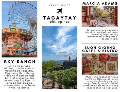 Flyer Design Templates Tagaytay Travel Brochure, Baguio Travel Brochure, Tagaytay Brochure, Mindanao Travel Brochure Tagalog, Travel Brochure Philippines, Aesthetic Brochure Ideas, Travelogue Ideas Layout, Travel Brochure School Project, Travel Brochure Project