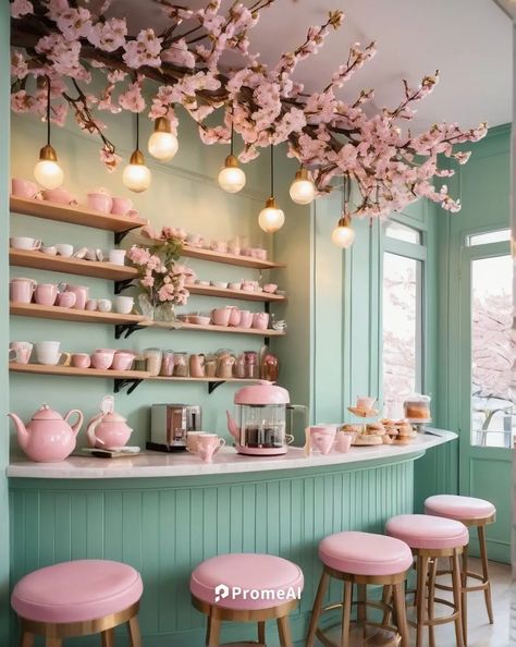 Fantasy Interior Design, Girly Coffee Shop, Fantasy Interior, Cafe Furniture Design, Cherry Blossom Branches, Matcha Cafe, Smoothie Shop, Café Design, Pink Cafe