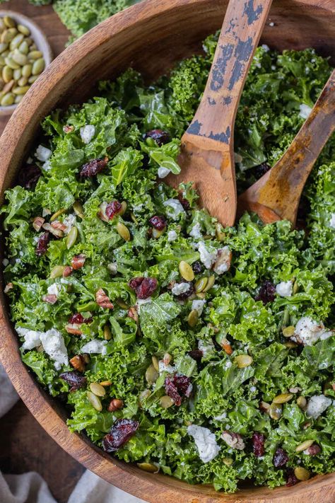 This kale salad with cranberries, pecans, and goat cheese is my go-to for a light side to pair with cozy Fall dishes or for Thanksgiving! Fall Kale Salad Recipes, Kale Cranberry Salad, Simple Kale Salad, Chopped Kale Salad, Easy Peel Eggs, Easy Hard Boiled Eggs, Salad With Cranberries, Cordon Bleu Recipe, Tortilla Chip Recipe