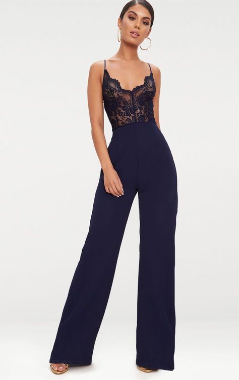 Navy Lace Wide Leg Jumpsuit Jumpsuit Prom, Prom Jumpsuit, Formal Jumpsuit, Pastel Outfit, Wedding Jumpsuit, Jumpsuit Elegant, Jumpsuit Outfit, Prom Outfits, Navy Lace