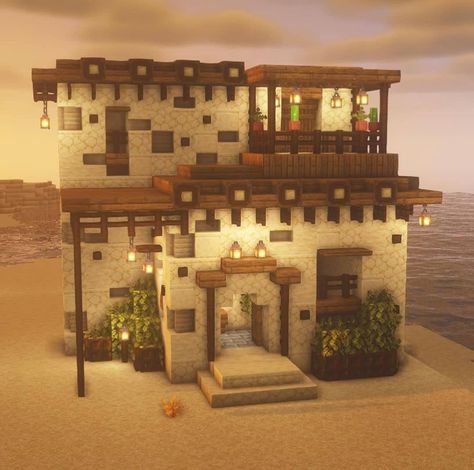 Minecraft Masa House, Minecraft Houses Sandstone, Mediterranean Minecraft Builds, Sand Village Minecraft Ideas, Minecraft Building Ideas Dessert, Sand Minecraft Houses, Small Desert House Minecraft, Minecraft Badlands Base, Minecraft Beach House Interior