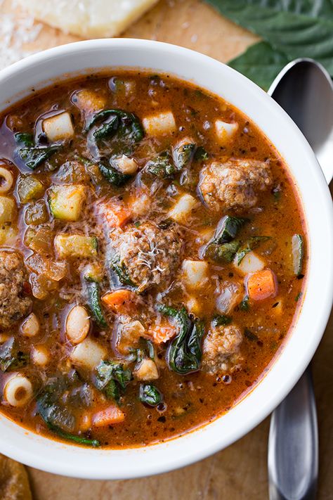 Meatball Minestrone Soup, Soup With White Beans, Italian Meatball, Minestrone Soup Recipe, Ditalini Pasta, Meatball Ingredients, Beef Meatballs, Italian Meatballs, Minestrone Soup