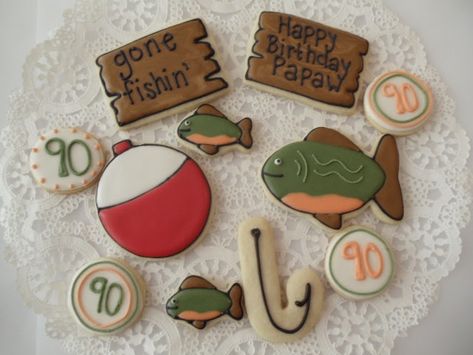 These are a new design - fishing! I originally made these for my grandfather's 80th birthday party and have gotten a few more orders fo... Fishing Cookies, Patriotic Cookies, Cow Cookies, Fish Cookies, Holiday Sugar Cookies, Sugar Cookie Decorating, Sugar Cookie Royal Icing, Sugar Cookie Ideas, Cookies Holiday