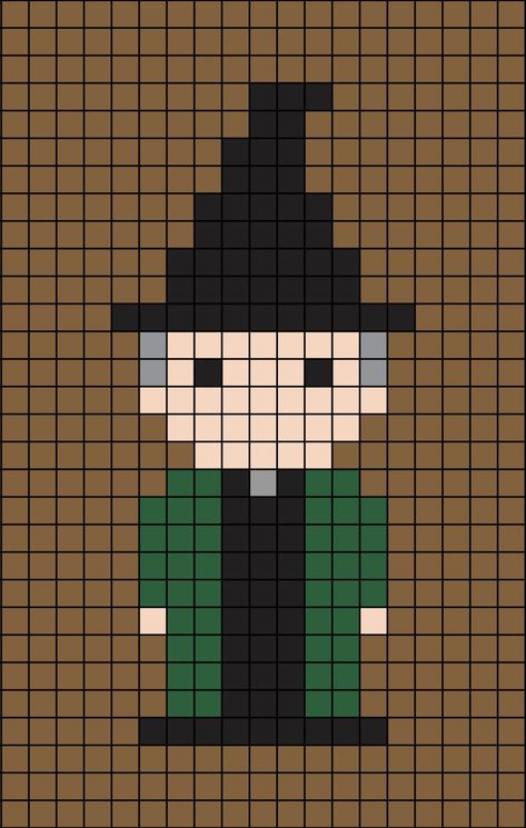 A pixel art template of Professor Minerva McGonagall from Harry Potter (green and black outfit). Pixel Drawing Harry Potter, Pixel Art Pattern Harry Potter, Deathly Hallows Pixel Art, Hogwarts Alpha Pattern, Harry Potter Minecraft, Harry Potter Alpha Pattern, Pixel Art Harry Potter, Crochet Alpha Pattern Harry Potter, Harry Potter Perler Beads