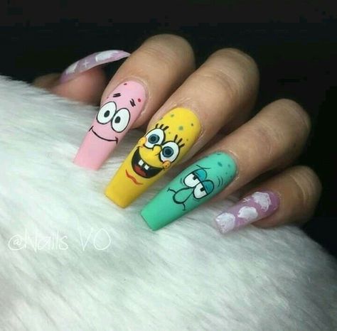 Nails Spongebob, Spongebob Nails, Disney Acrylic Nails, Halloween Acrylic Nails, Edgy Nails, Grunge Nails, Vibrant Nails, Glow Nails, Makijaż Smokey Eye