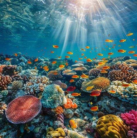 Underwater Coral Haven: A vibrant underwater scene with sunlight piercing through water illuminating a bustling coral reef. #underwater #coral #reef #sunlight #marine #biodiversity #ecosystem #ocean #aiart #aiphoto #stockcake https://ayr.app/l/aZXz Under Water Coral Reef, Coral Reef Diving, Coral Reef Landscape, Biodiversity Pictures, Underwater Ocean Photography, Coral Reef Photography Landscape, Coral Reef Photography Ocean Life, Atlantis Painting, Summer Wallpaper Ideas