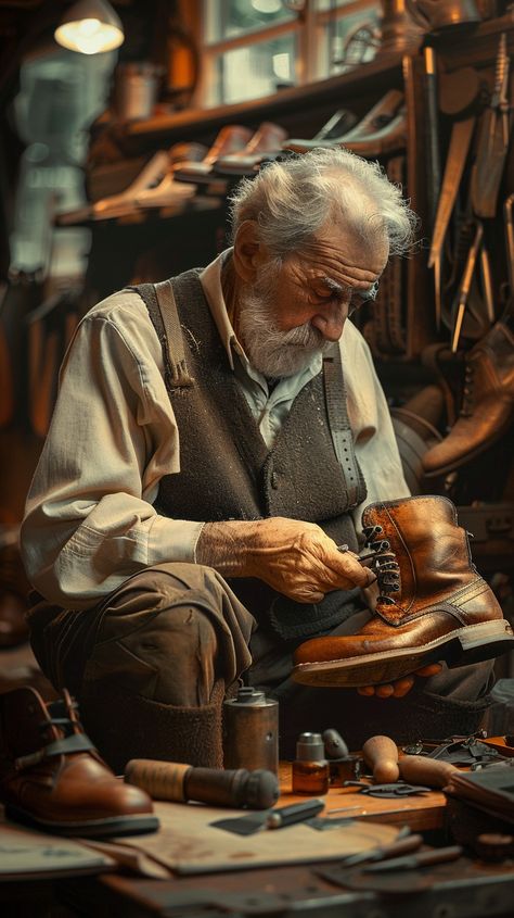 Artisan Crafts Shoes: An elderly artisan cobbler meticulously works on a leather shoe in his traditional, tool-filled workshop. #artisan #craftsmanship #elderly #cobbler #shoes #aiart #aiphoto #stockcake ⬇️ Download and 📝 Prompt 👉 https://ayr.app/l/4b8A Posture Drawing, Shoe Cobbler, Person Photography, Fine Art Portrait Photography, Dancers Art, Hanuman Images, Women’s Soccer, Portrait Photography Women, Figure Sketching