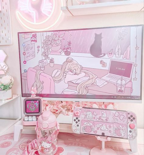 pink pastel aesthetic sailor moon desk pc setup inspo inspiration Sailor Moon Pc Setup, Desk Pc Setup, Pink Desk Setup, Aesthetic Sailor Moon, Desk Pc, Pink Desk, Pc Desk, Pc Setup, Pink Pastel