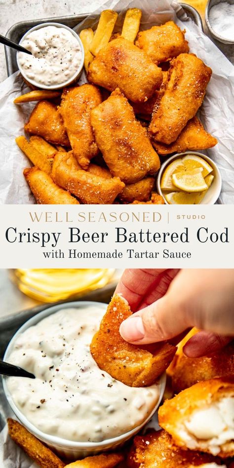 Crispy Beer Battered Cod Beer Batter Recipe, Beer Batter Fish, Beer Battered Cod, Oven Fried Fish, Battered Cod, Malt Vinegar, Cod Fish Recipes, Best Fish And Chips, Fried Cod