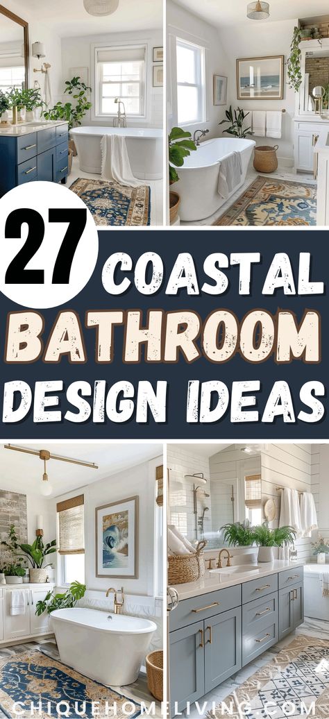 Are you looking for ways to bring the serene vibes of the coast into your bathroom? Check out these 27 curated visually calming coastal bathroom ideas! From breezy blues and sandy neutrals to nautical accents and beachy decor, find inspiration to transform your bathroom into a tranquil seaside escape. Coastal Modern Farmhouse Bathroom, Florida Bathroom Ideas, Beachy Bathroom Ideas, Guest Bathroom Ideas Decor, Coastal Master Bath, Modern Beach Bathroom, Bathroom Coastal Style, Beach Bathroom Ideas, Lake House Bathroom Ideas