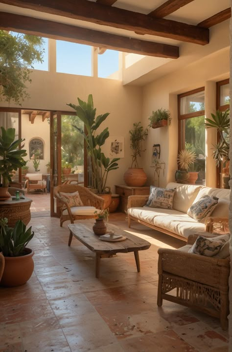 Spanish Theme Living Room, House Mediterranean Interior, Tuscany Style Home Interiors, Latin Interior Design, Spanish Style Office, Modern Mexican Interior Design, Terracotta Tiles Living Room, South American House, Boho Southwestern Living Room