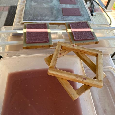 This is my setup for handmade paper. I pull the pulp with my mould and deckle and then let the water drain and then couch them onto sheets Paper Pulp Dipping, Pulp And Paper Industry, Recycled Paper, Handmade Paper, Molding, Recycling