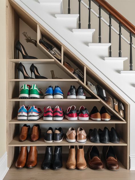 23 Under Stairs Storage Ideas – The DIY Desire Under Stairs Landing Storage, Shoe Rack Stairs, Shoe Rack Under Staircase, Under Stairs Pull Out Storage, Stair Shoe Storage, Shoe Rack Under Stairs, Under Stairs Shoe Storage, Under The Stairs Closet Ideas, Shoe Storage Under Stairs