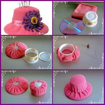 Pola Topi, Baby Mobil, Pin Cushions Patterns, Cd Crafts, Costura Diy, Doll Hat, Hat Pin, Pin Cushion, Diy Couture