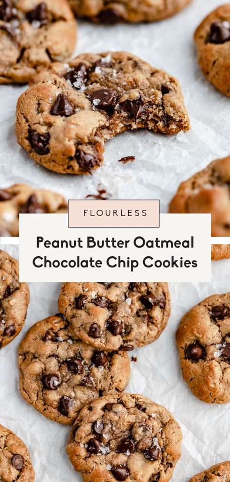 Thick, chewy peanut butter oatmeal chocolate chip cookies. Gluten free, flourless peanut butter cookies made with 7 simple ingredients! #flourless #cookies #peanutbuttercookies #glutenfreedessert #healthycookies #oatmealcookies #cookierecipe #healthydessert #healthybaking Healthy Peanut Butter Oatmeal, Healthy Peanut Butter Oatmeal Cookies, Chocolate Chip Cookies Gluten Free, Peanut Butter Oatmeal Chocolate Chip, Peanut Butter Oatmeal Chocolate Chip Cookies, Flourless Peanut Butter Cookies, Flourless Cookies, Cookies Gluten Free, Ambitious Kitchen