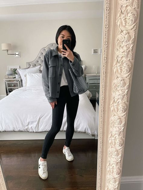 athleisure outfit with veja sneakers + leggings // cropped shacket for petites Veja Sneakers Outfit Fall, Ep Outfits, Shacket Outfit Women, Shirt Jacket Outfit, Birkenstock Boston Outfit, Chic Athleisure Outfits, Cropped Shacket, Boston Outfits, Shacket Outfit