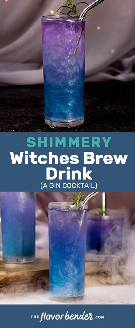 This Witches Brew Drink is the most spectacular Halloween cocktail you could concoct! A show-stopping drink with a beautiful blue to pink/purple color gradient and gorgeous shimmery swirls. Plus, it tastes just as amazing with tart, citrus, herbaceous, sweet flavors. You can also make it as a non-alcoholic kid-friendly drink. #TheFlavorBender #HalloweenCocktails #WitchesBrewDrink #WitchesBrewCocktail #HalloweenPartyRecipes Northern Lights Drink, Purple Drinks Alcohol, Witches Brew Drink, Crow Party, Witch Brew Recipe, Blue Punch, Halloween Drinks Alcohol, Kid Friendly Drinks, Light Drinks