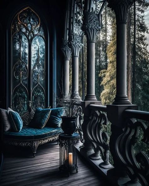 Ben Myhre on Instagram: "Balconies 🌲🌿☀️✨️ . . . . . #midjourney  #midjourneyart  #midjourneyai #ai #aigenerated #aiartistcommunity #aiarchitecture #architecture #home #homedecor #homedesign #magical #homeinterior #decor #homedecor #balcony #porch #darkaesthetic #gothic #black #slytherin #wednesday #hogwarts #goth #gothasethetic #witch #witchaesthetic #mansion #plants #dark #luxury" Velaris Aesthetic Room, Gothic Castle Aesthetic, Gothic Victorian Homes, Gothic Home Interior, Minecraft House Ideas, Dark Luxury, Gothic Mansion, Fantasy Rooms, Dark House