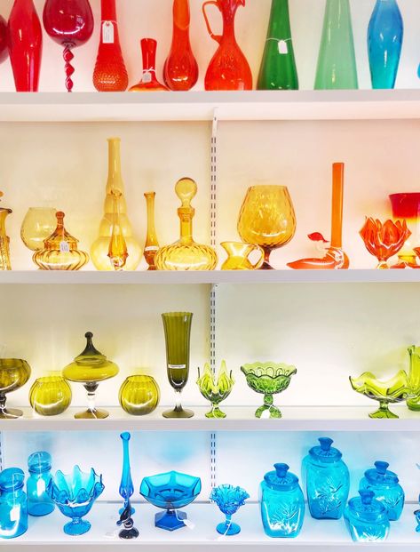 Rainbow Spotting: Palm Springs Glassware — Megan McKean │ Australian designer, illustrator & author Rainbow Glassware, Palm Springs Interior, Glassware Display, Welcome To My House, Colored Glassware, My Favourite Things, Decorating Shelves, Rainbow Glass, Most Satisfying