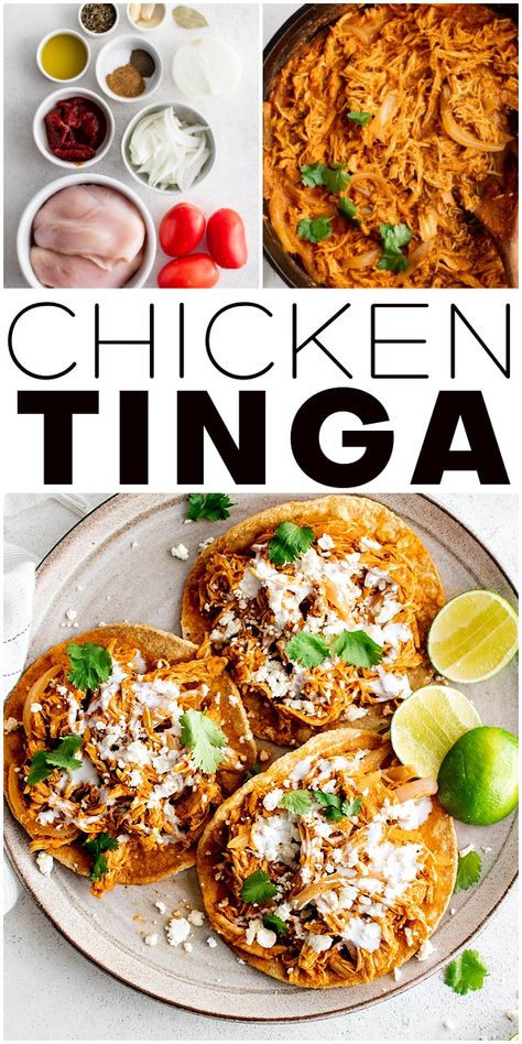 Tinga Tacos Chicken, Tostada Chicken, Authentic Chicken Tinga Recipe, Chicken Tinga Enchiladas, Authentic Chicken Tinga, Easy Chicken Tinga Recipe, Chicken Mexican Recipes, Tinga Chicken, Alcoholic Fruit