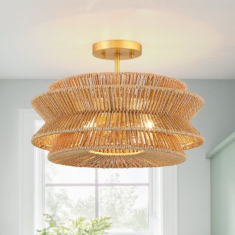 Bay Isle Home 16 In. 2-light Bohemian Woven Rope Semi-flush Mount Ceiling Light | Wayfair Farmhouse Styling, Mid Century Contemporary, Hanging Ceiling Lamps, Rattan Pendant Light, Vintage Style Decorating, Foyer Pendant, Drum Chandelier, Woven Rattan, Semi Flush Mount Lighting